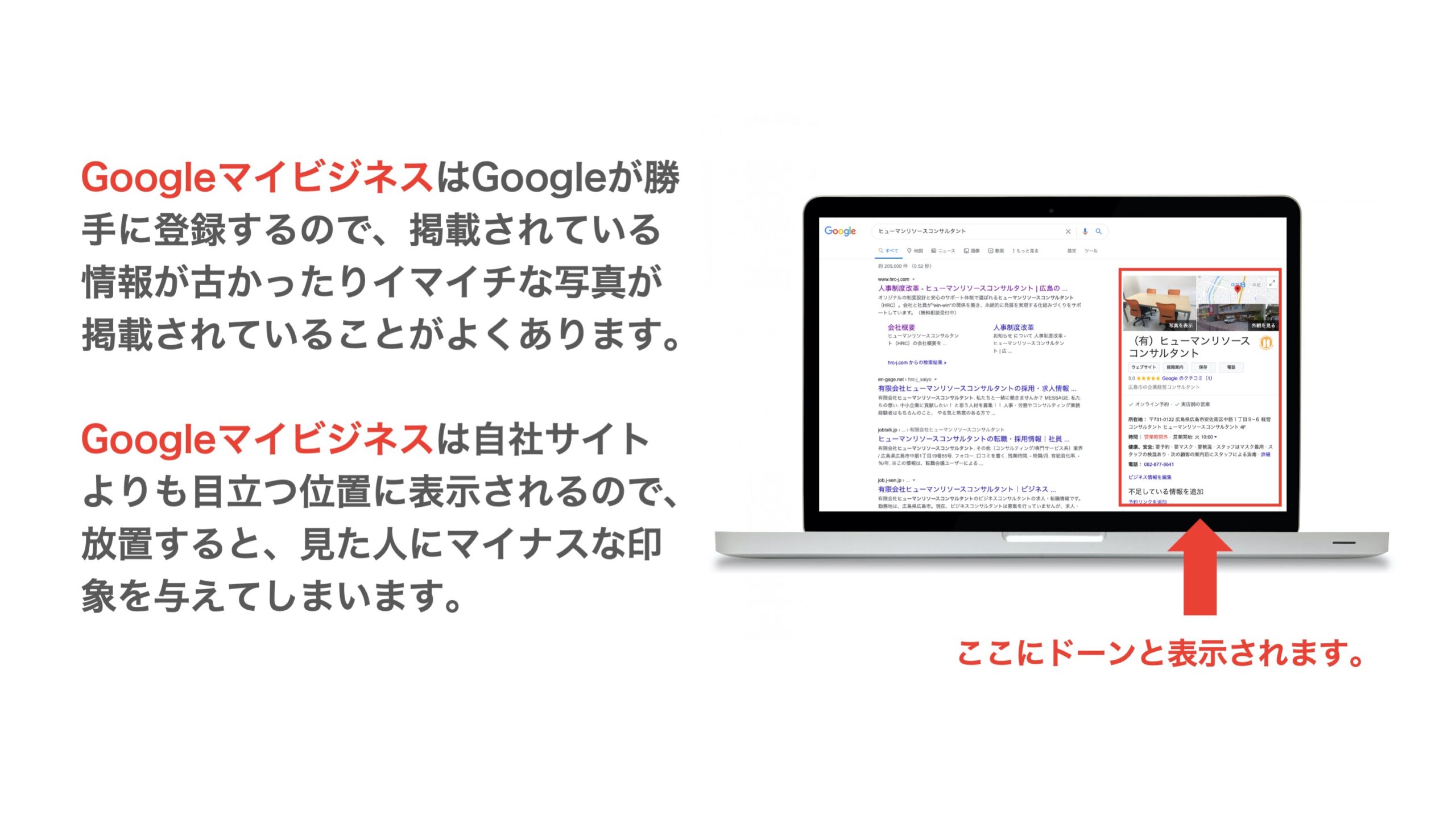 Googleマイビジネスは自社サイトよりも「目立つ位置に表示されるので、放置すると、見た人にマイナスな印象を与えてしまいます。